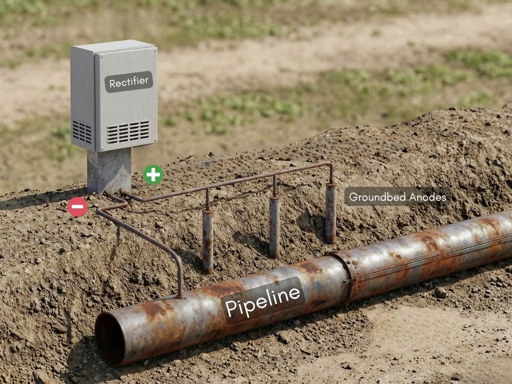 ระบบป้องกันการกัดกร่อนแบบใช้กระแสไฟฟ้าภายนอก พร้อม Rectifier และแอโนดกราวด์เบดสำหรับระบบท่อ